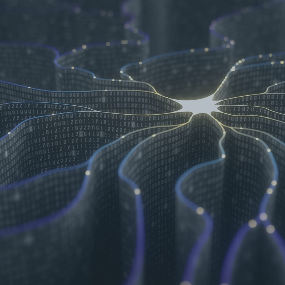 A visualization of a neural network. It features abstract, brain-like structures with a glowing central node. The structures are filled with binary code (ones and zeros), symbolizing data processing and artificial intelligence.