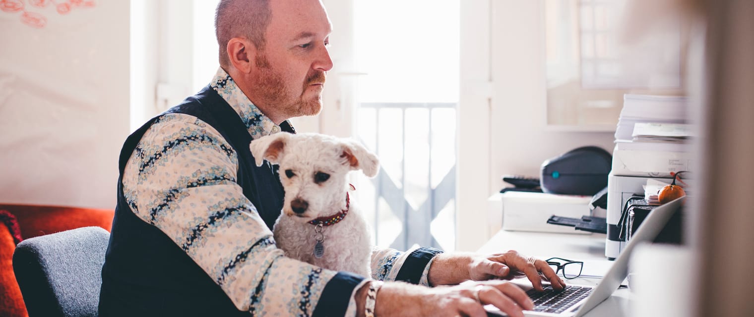 A man with a patterned shirt works on a laptop at a desk in a home office while a small white dog sits on his lap, looking at the screen. The room has bright natural light and shelves with various items in the background.