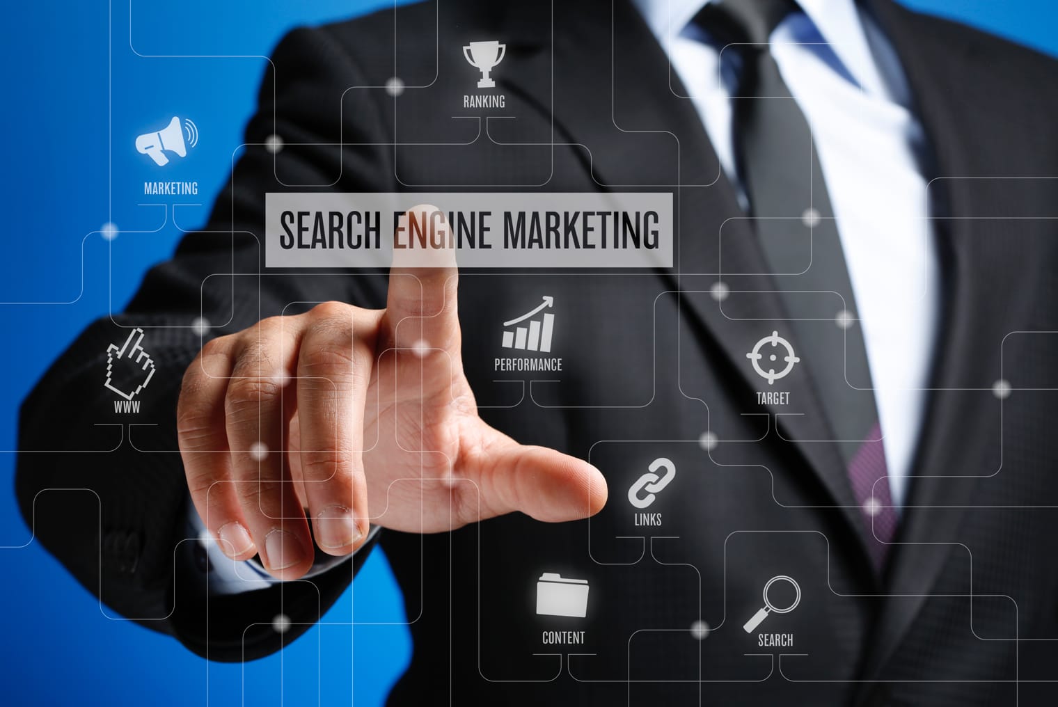 A person in a suit points at a transparent screen displaying various search engine marketing icons, including marketing, ranking, performance, target, links, content, and search, with "SEARCH ENGINE MARKETING" prominently highlighted in the center.