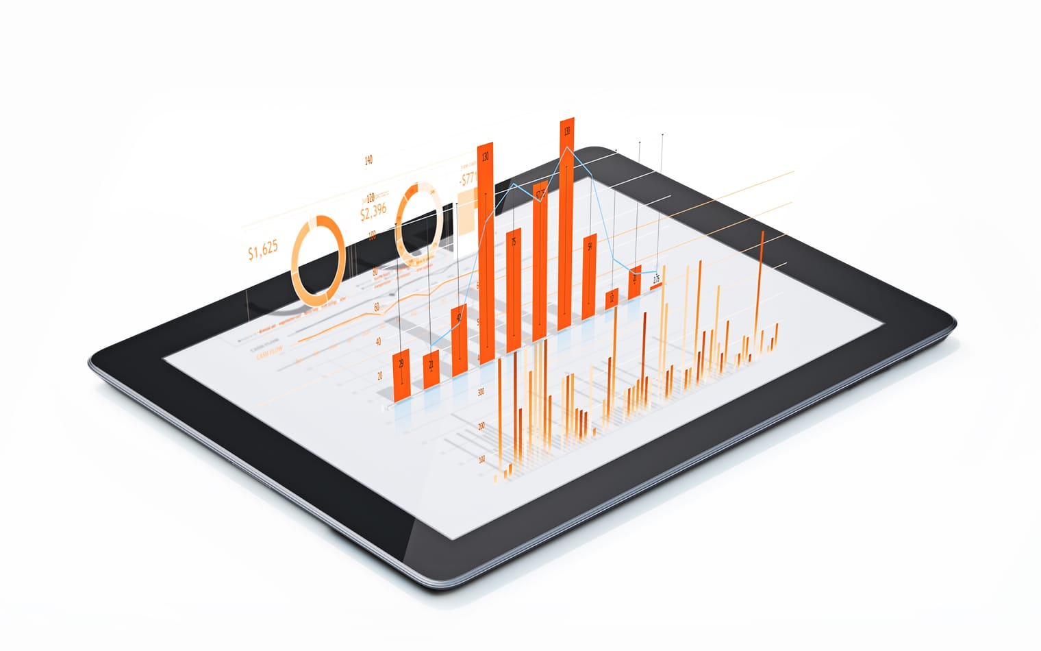 A tablet screen displaying digital 3D bar charts and pie charts in orange, symbolizing data analysis or business metrics. The charts appear to be floating above the screen, showing various numerical data points and values. The backdrop is plain white.