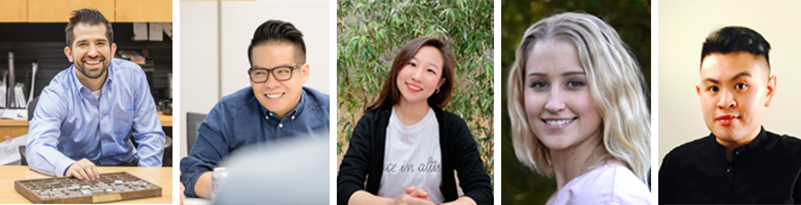 A group photo collage featuring five individuals. From left to right: A person with dark hair and a beard, seated at a table; a person with glasses and a short hairstyle, smiling; a smiling person with long dark hair; a person with shoulder-length blonde hair; and a person with short black hair.