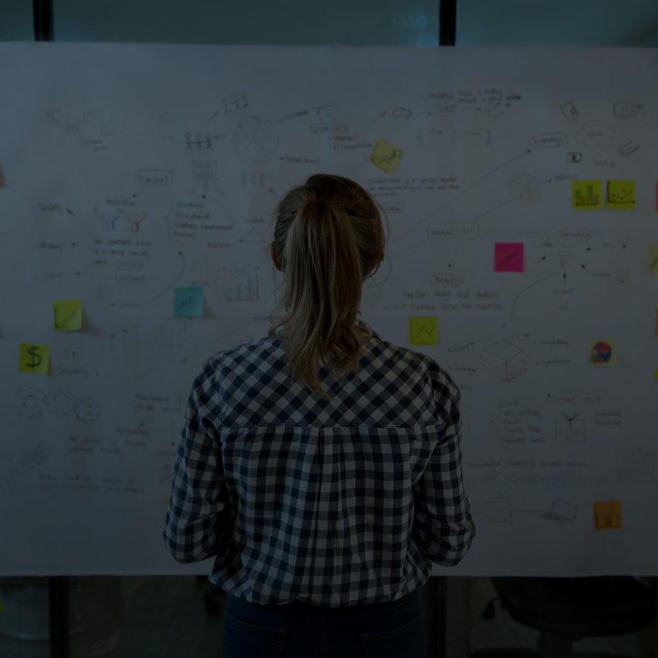 A person with a ponytail, wearing a checkered shirt, stands facing a large whiteboard covered in diagrams, charts, and various colored sticky notes. The content appears to be related to brainstorming or planning. The setting is an office or meeting room.