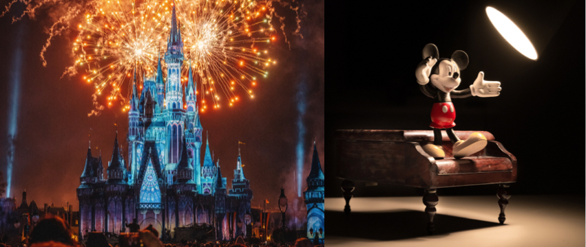 A split image shows a brightly lit castle with fireworks in the sky on the left, and a black and white cartoon character, wearing red shorts and yellow shoes, poised on a piano bench under a spotlight on the right.