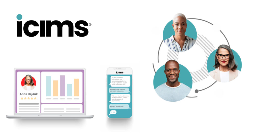 An image displaying the iCIMS logo, with a laptop showing a profile of someone named Anita Höjluk with charts, a smartphone with a chat interface, and three diverse headshots connected by lines and circles, symbolizing a network.