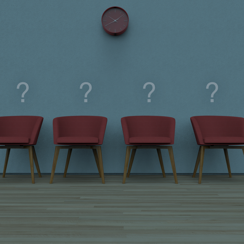 Four red chairs are lined up against a blue wall, each with a question mark above it. A red wall clock is centered above the chairs, showing the time as 10:10. The room has a wooden floor, giving a minimalist and slightly mysterious atmosphere.