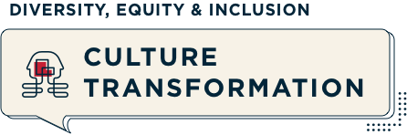 A speech bubble graphic contains the words "CULTURE TRANSFORMATION" with a red and black geometric design of a head on the left. Above the bubble, the text reads "DIVERSITY, EQUITY & INCLUSION.