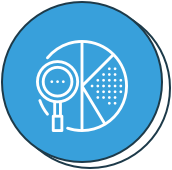 A blue circular icon featuring a white magnifying glass focusing on a segmented pie chart. The chart has four sections, and one segment contains a dotted pattern.