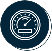A dark circular icon with a white speedometer symbol in the center. The speedometer has a needle pointing to the right and a rectangular shape with three dots underneath, suggesting a loading or performance indicator.