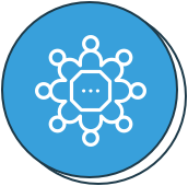 A blue circular icon featuring a white, stylized hexagonal shape in the center with eight small circles connected to it, evenly spaced around the edges, resembling a snowflake or molecular structure design.