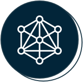 A dark blue circular icon features a white geometric network structure consisting of connected nodes and lines, symbolizing interconnected systems or networks. The icon has a subtle shadow effect on the right side.
