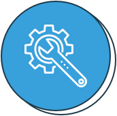 A blue circular icon with a white outline of a wrench placed diagonally over a gear, symbolizing tools or settings.