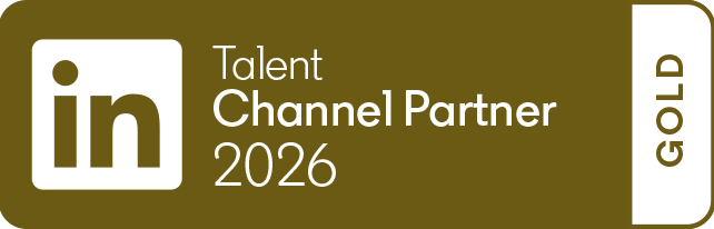LinkedIn Talent Channel Partner 2026 gold badge. The LinkedIn logo appears on the left, and the word "GOLD" is displayed vertically on the right side of the brown rectangular badge.