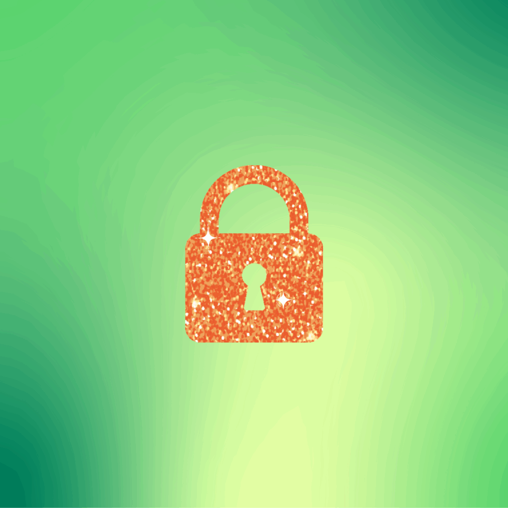 An orange glittery padlock icon centered on a green gradient background, symbolizing security or privacy.