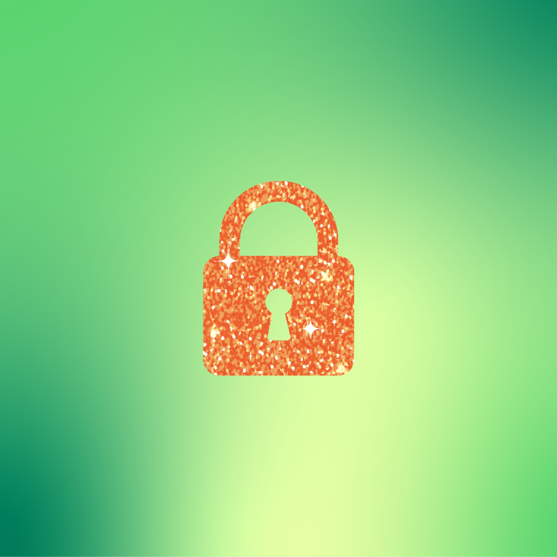An orange glittery padlock icon centered on a green gradient background, symbolizing security or privacy.