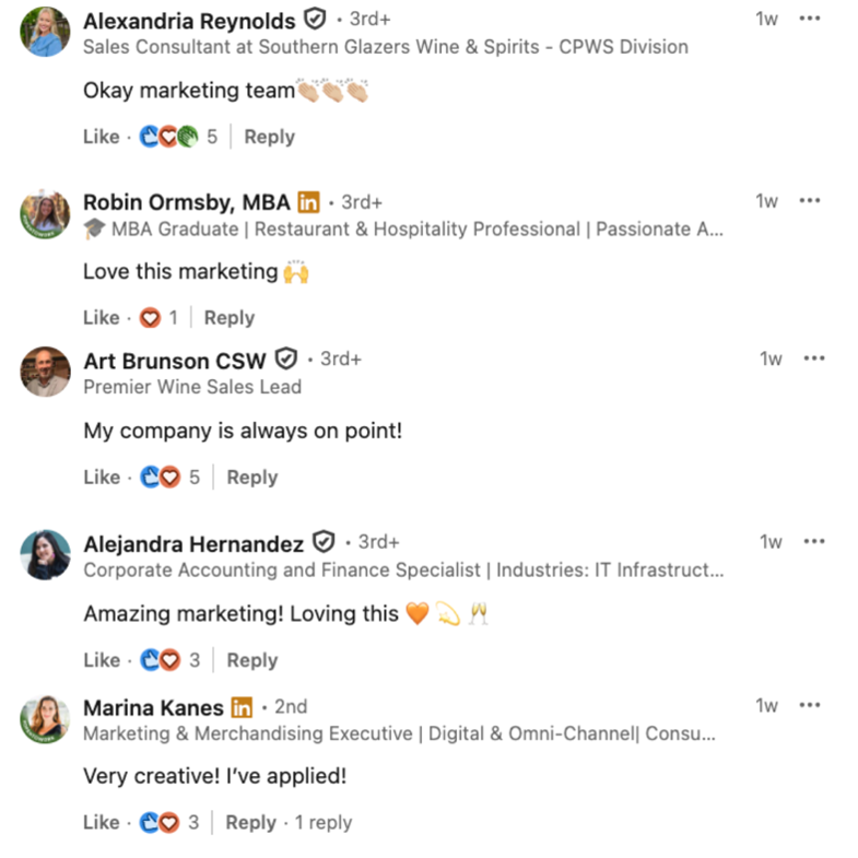 Screenshot of a LinkedIn post showing five professional users commenting positively about marketing content, with reactions like clapping hands, hearts, and comments such as 'Love this marketing' and 'Very creative! I've applied!.'
