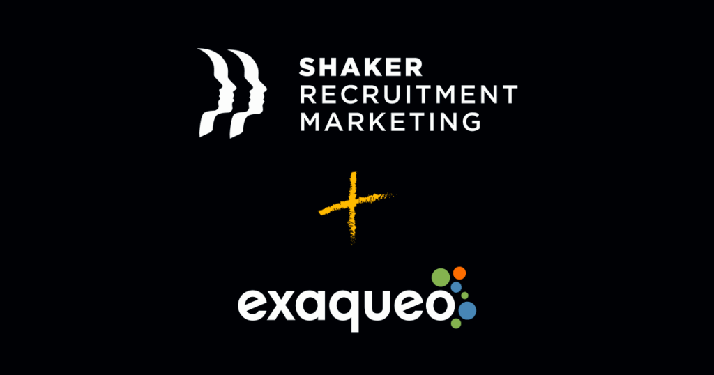 Shaker Recruitment Marketing logo above a yellow plus sign, with the exaqueo logo below, all on a black background.