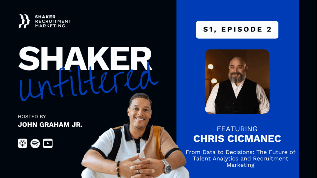 A promotional graphic for the podcast “Shaker Unfiltered,” hosted by John Graham Jr., featuring guest Chris Cicmanec for Season 1, Episode 2. The topic is talent analytics and recruitment marketing. Logos for podcast platforms are shown.
