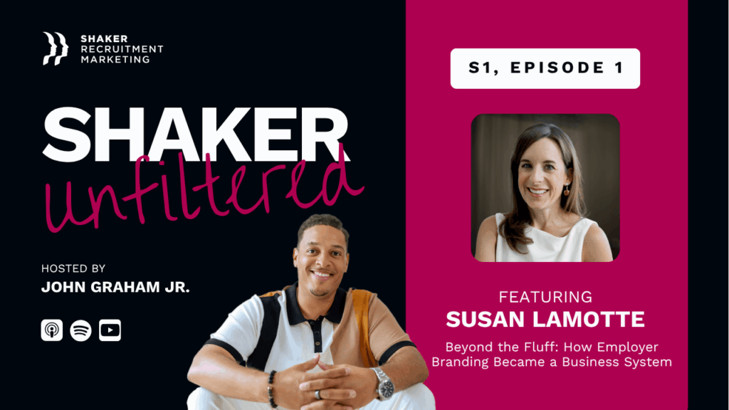 Podcast promotional graphic for "Shaker Unfiltered" hosted by John Graham Jr., featuring guest Susan Lamotte in Season 1, Episode 1. Includes podcast platform icons and business branding theme.