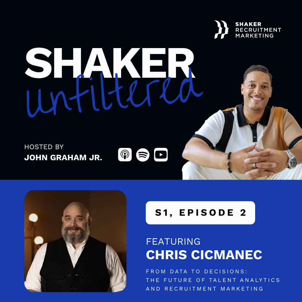 Podcast promo image for "Shaker Unfiltered," hosted by John Graham Jr. Guest Chris Cicmanec is featured in episode 2. Text and platform icons appear with photos of both host and guest. Branding for Shaker Recruitment Marketing.