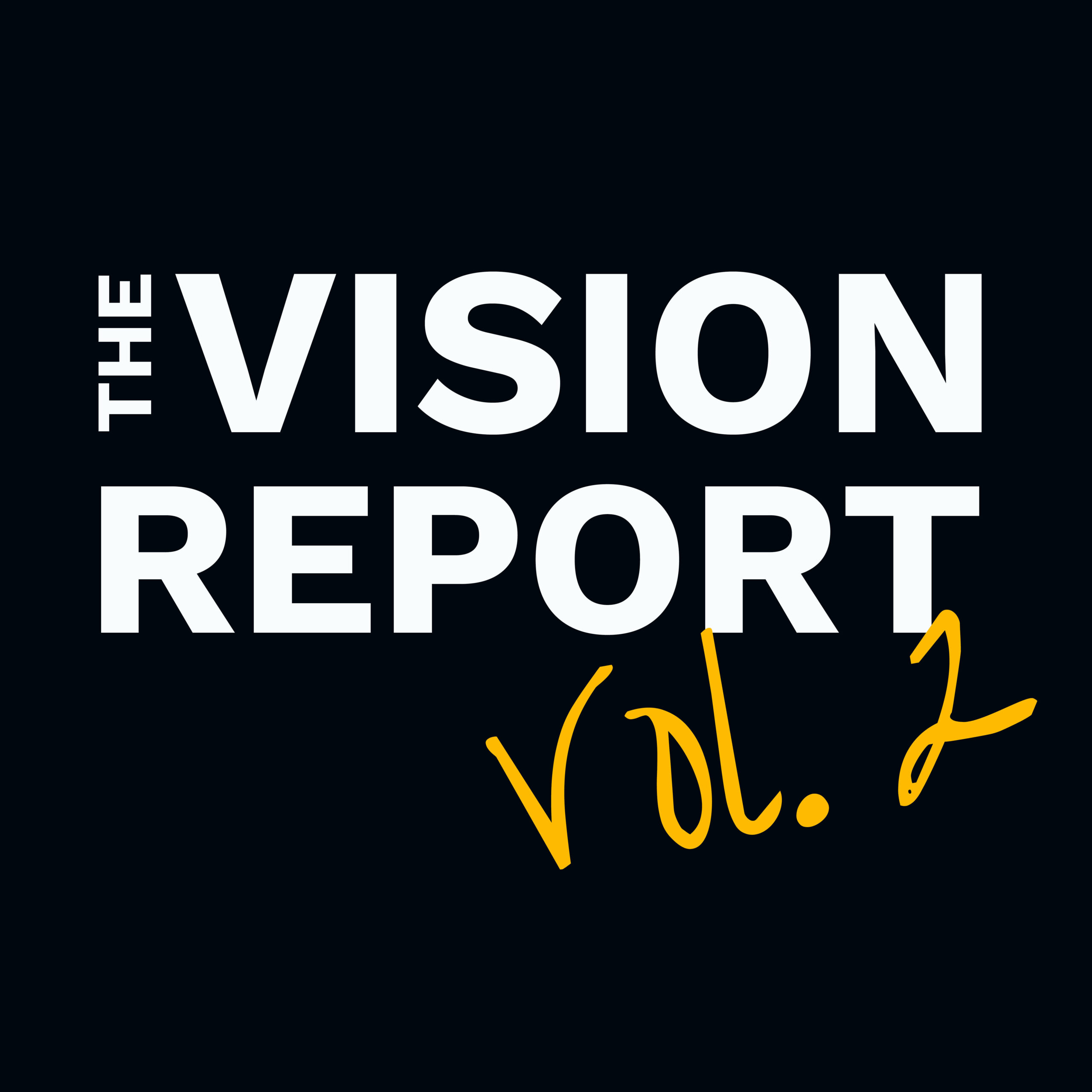 White text on a black background reads “THE VISION REPORT.” Below, “Vol. 2” is handwritten in yellow-orange.