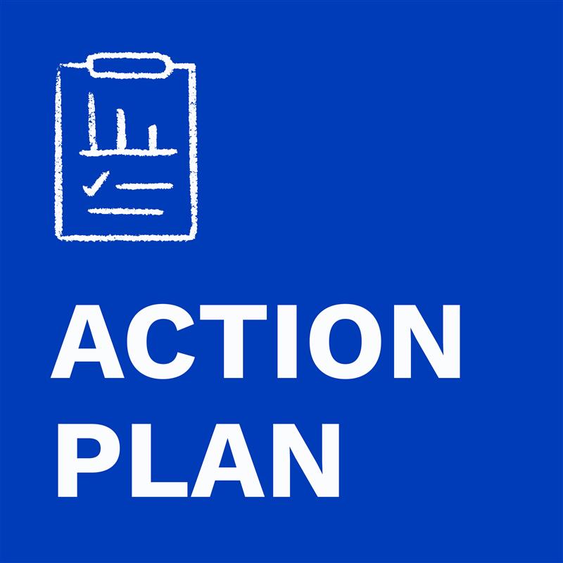 A white clipboard icon with a checklist is shown above the bold white text "ACTION PLAN" on a solid blue background.