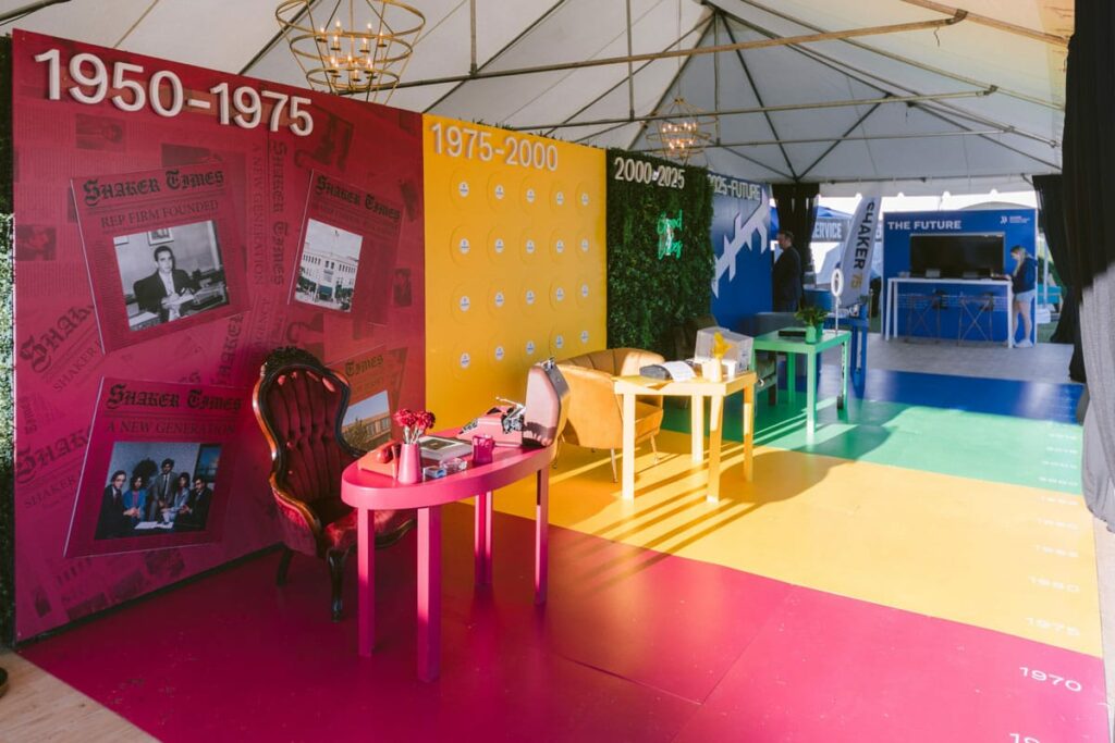 A colorful exhibit features four sections by decade from 1950 to the future, each with period-appropriate furniture and decor, under a canopy at an outdoor event.
