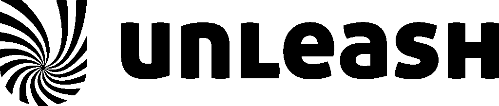 Black and white logo with a spiral pattern on the left and the word "UNLEASH" in bold, stylized font on the right. The background is light gray.
