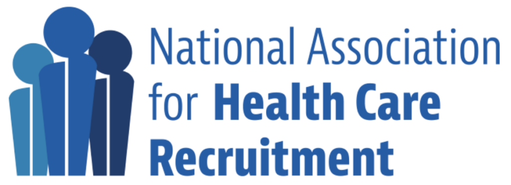Logo for the National Association for Health Care Recruitment, featuring blue stylized human figures on the left and the organization’s name in blue and dark blue text on the right.