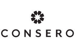Consero logo featuring a circular geometric flower-like design above the word "CONSERO" in bold, modern black letters on a white background.