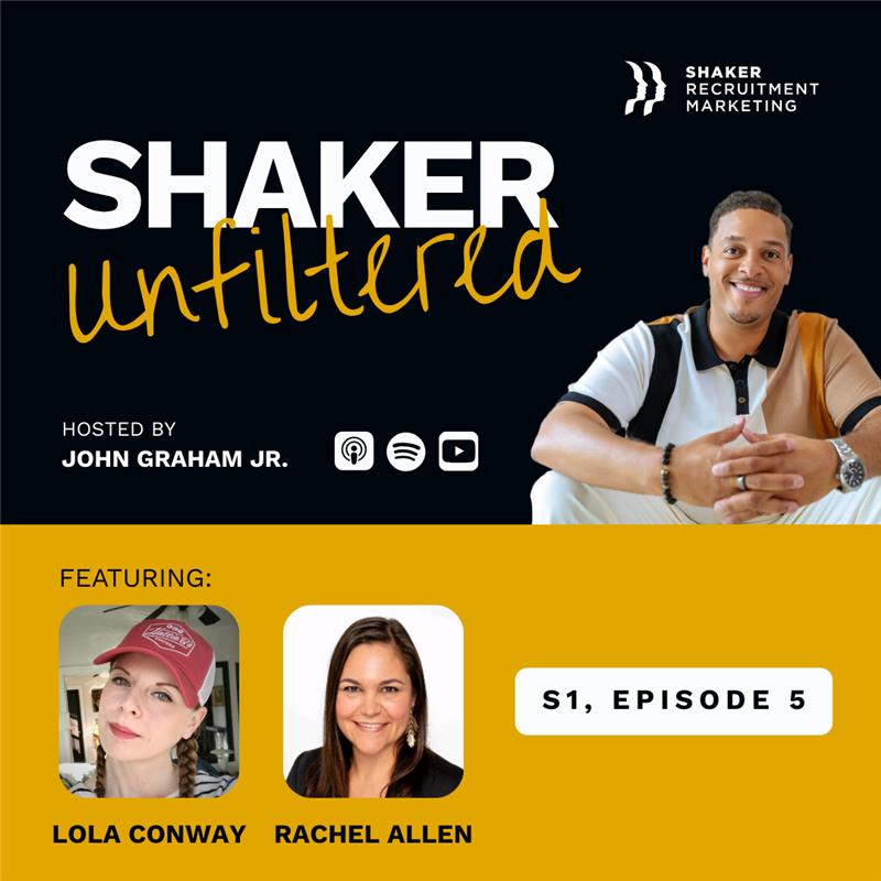Promotional graphic for "Shaker Unfiltered" podcast, hosted by John Graham Jr. Features guest photos of Lola Conway and Rachel Allen. Text highlights it's season 1, episode 5, with podcast platform icons shown.