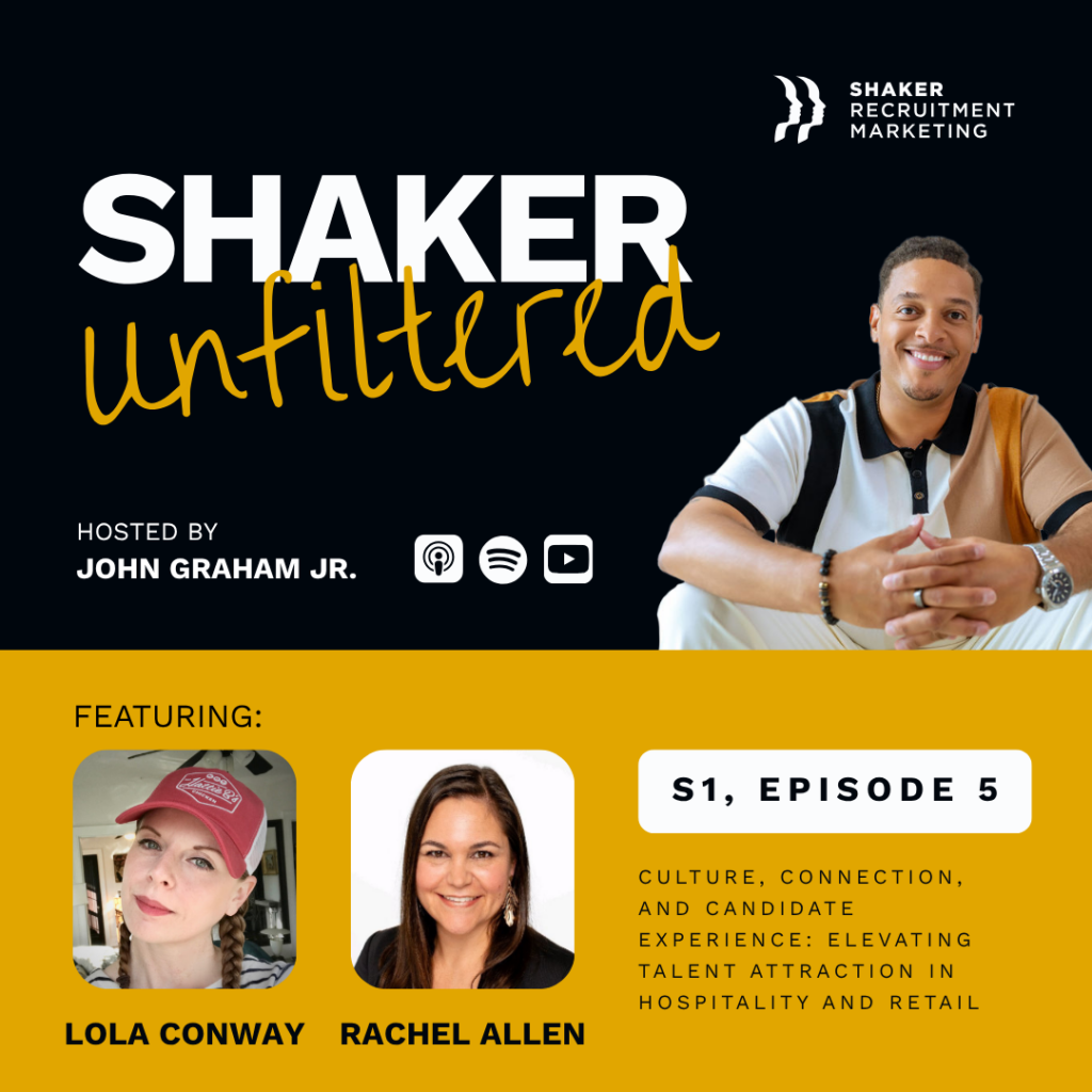 Promotional image for the "Shaker Unfiltered" podcast, hosted by John Graham Jr. Episode 5 features Lola Conway and Rachel Allen. Text highlights culture, connection, and candidate experience in hospitality and retail.