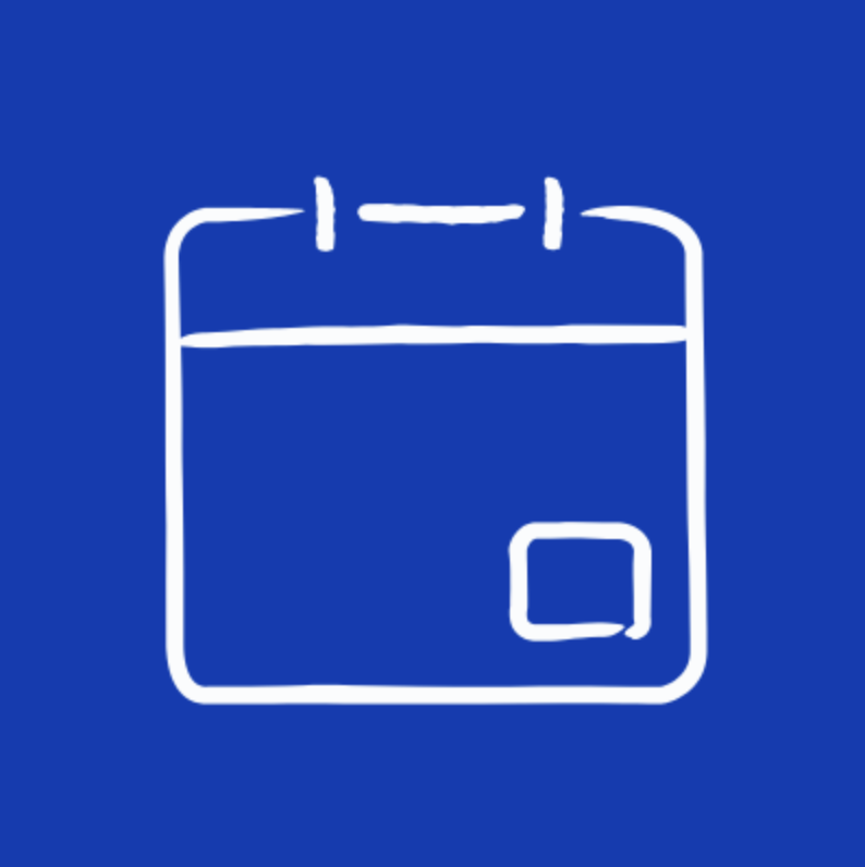 A simple white line drawing of a calendar on a solid blue background, with a small outlined square in the lower right corner of the calendar.