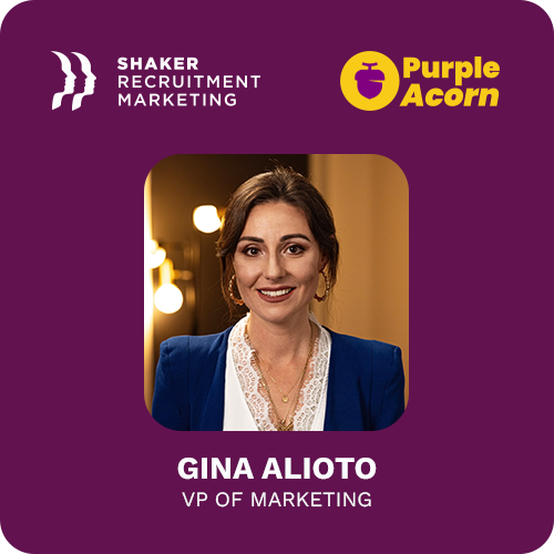 Professional headshot of Gina Alioto, VP of Marketing, smiling and wearing a blue jacket and white blouse. Logos for Shaker Recruitment Marketing and Purple Acorn appear above her name on a purple background.