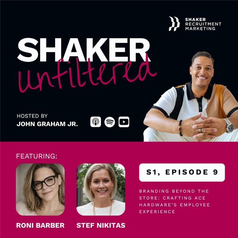 Podcast promo for "Shaker Unfiltered," hosted by John Graham Jr. with guests Roni Barber and Stef Nikitas. Episode 9 covers branding Ace Hardware’s employee experience. Logos for Spotify, Apple, and Google podcasts shown.