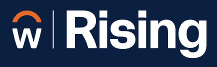 The image shows the "Workday Rising" logo on a dark blue background. A stylized orange arc appears above a white lowercase "w," followed by a vertical line and the word "Rising" in bold white letters.