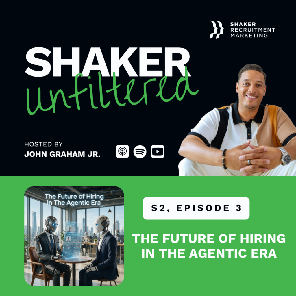Podcast cover for “SHAKER Unfiltered,” hosted by John Graham Jr., featuring episode “The Future of Hiring in The Agentic Era” with two robots sitting at a table, streaming platforms icons, and modern graphic design.